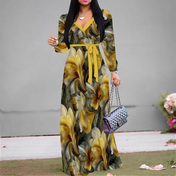 Women's Plus Size Maxi Dress V Neck Pockets Belt Casual Elegant All Seasons - Picture 4 of 8